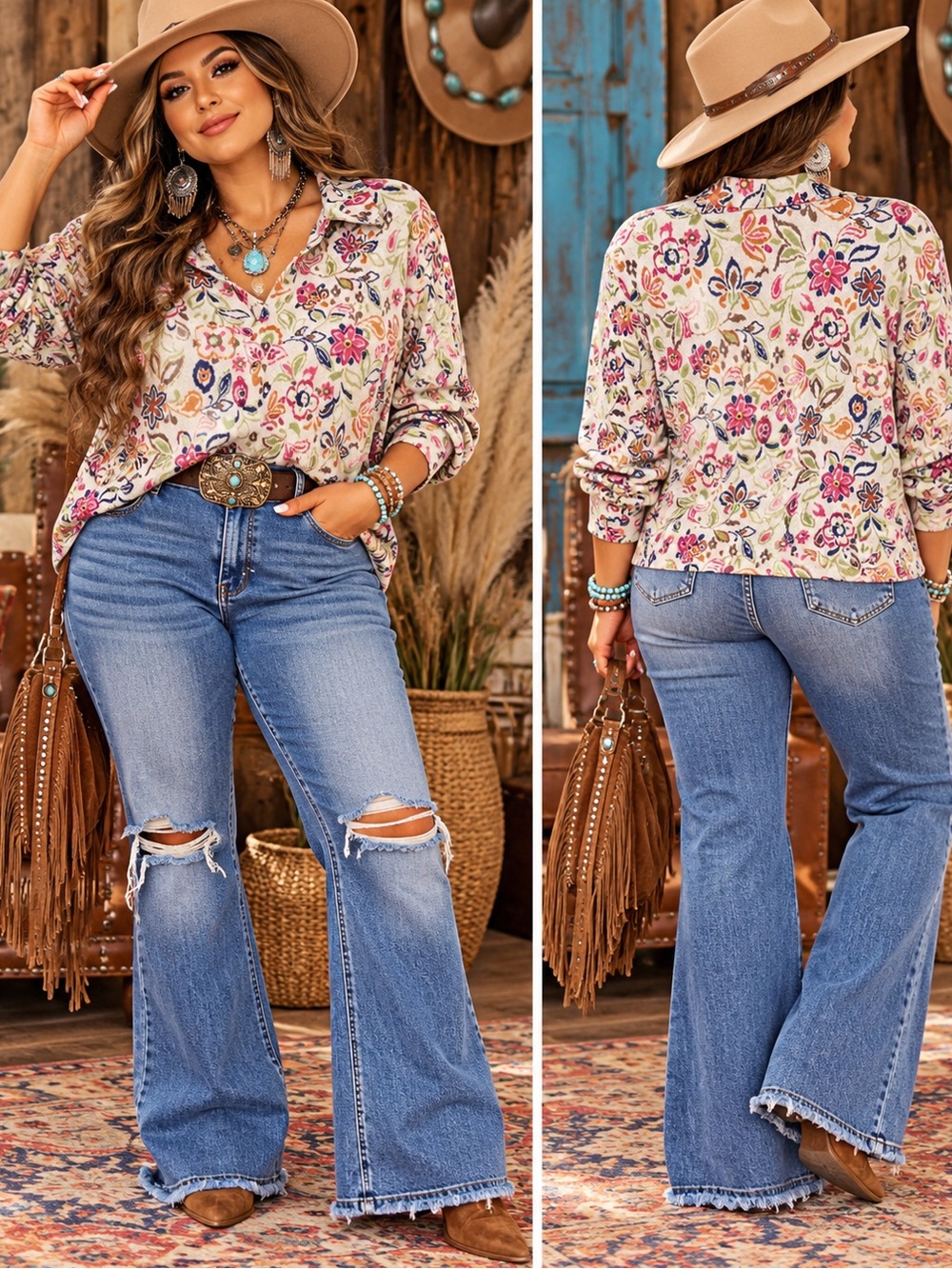 Emily Daniel’s Floral Collared Long-Sleeve Top - Boho V Neck Soft